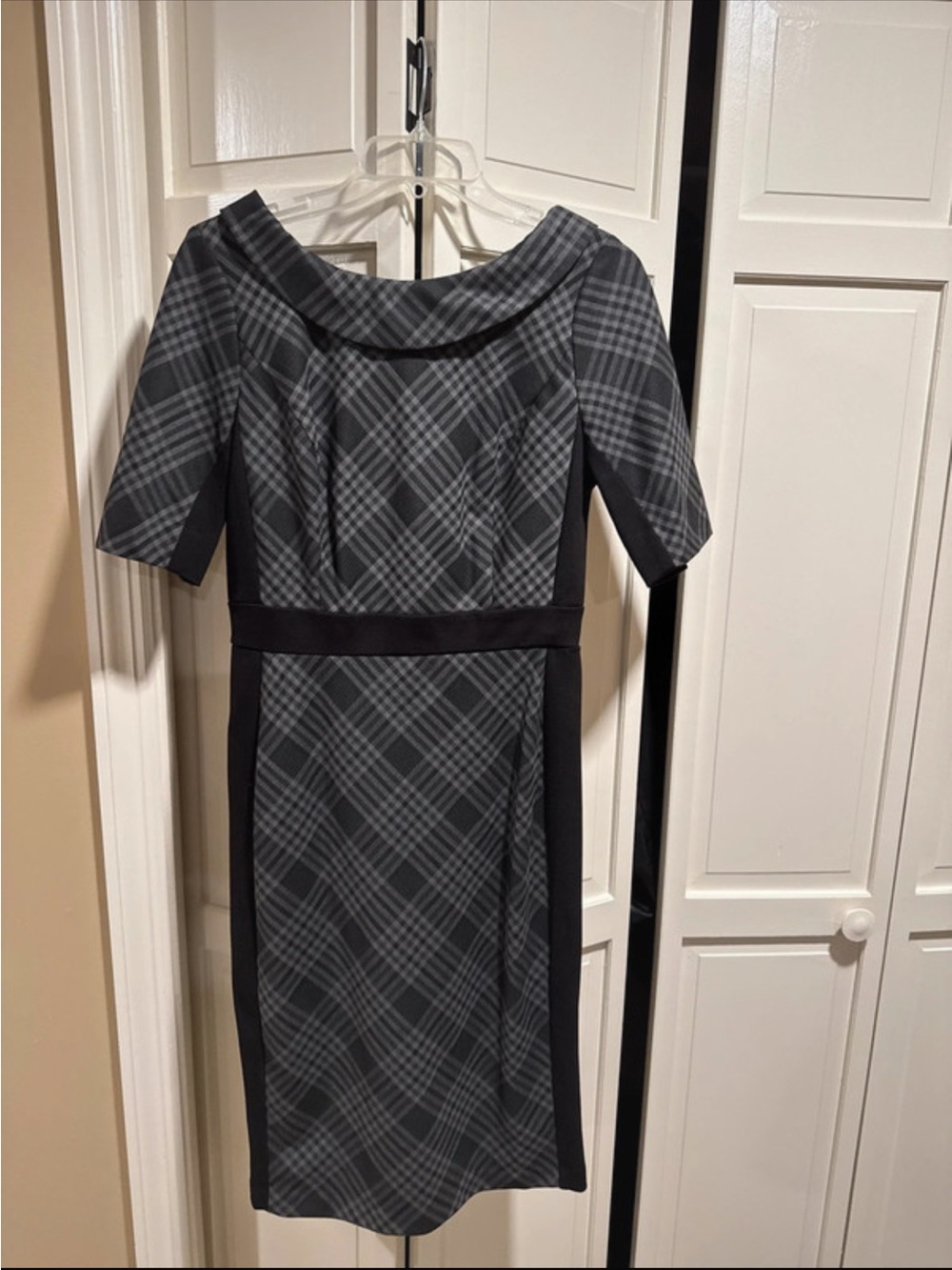 White House Black Market Gray Plaid Sheath Dress with Black Side Panels